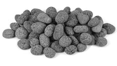 Skyflame front view showing natural tumbled lava stones and product packaging benefit durability