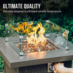 Skyflame lit fire pit with copper glass showing dazzling flame sparkle