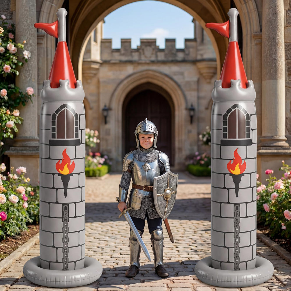 Skylety inflatable castle front view shows medieval towers and party-ready design