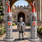 Skylety inflatable castle front view shows medieval towers and party-ready design