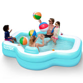 Sloosh front view showing full-sized cyan family pool and easy entry benefit