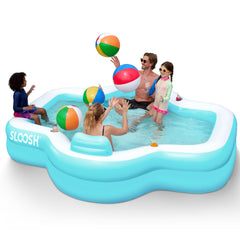 Sloosh front view showing full-sized cyan family pool and easy entry benefit