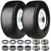Slother front-facing pair of flat-free mower tires showing smooth tread and centered hubs for reliability