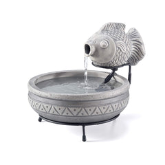 Smart Solar Marin front view showing elegant cement fish and bowl, enhances garden ambiance