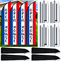 SmoothNovelty front view of feather flag showing bold open house message and visibility