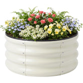 SnugNiture front view of round galvanized planter showing capacity and white finish benefit