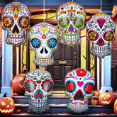 Soaoo front view of six 24-inch sugar skulls showing colorful designs and party appeal