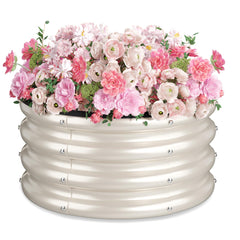 SOCONT front view of white round raised bed showing neat shape and durability