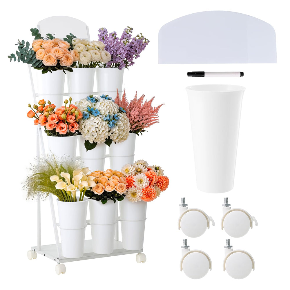 Soefpvnz front view of 3-tier flower stand showing organized display and visibility