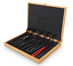 SOLIGT front view of full 12-piece set in wood box showing organized tools and gift appeal