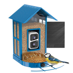 SOLIOM BF08 front view showing metal feeder and camera for durable backyard watching