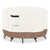 SoloToo cover front view fitted on round table protecting from weather