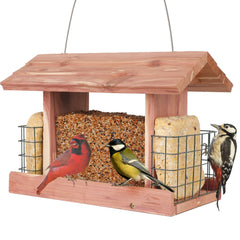 Solution4Patio front view of cedar hopper feeder showing balanced feeding access