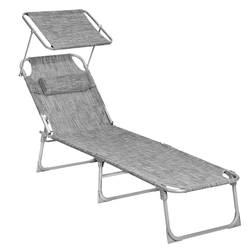 SONGMICS sun lounger front view showing full recline and canopy providing comfortable shade