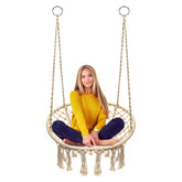 Sorbus front view of macrame swing showcasing boho seat and cozy cocoon benefit
