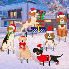Sosation front view of six dog yard stakes showing festive designs and curb appeal