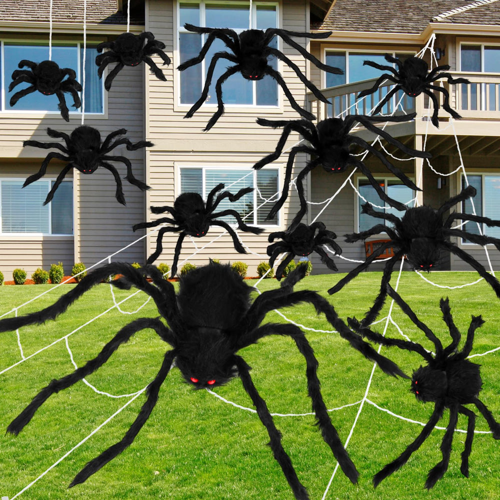 Sosation front view of multiple spider decorations showing set contents and dramatic effect
