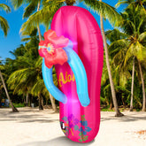 Soulchen front view of inflatable flip flop showing colorful tiki design and instant party appeal