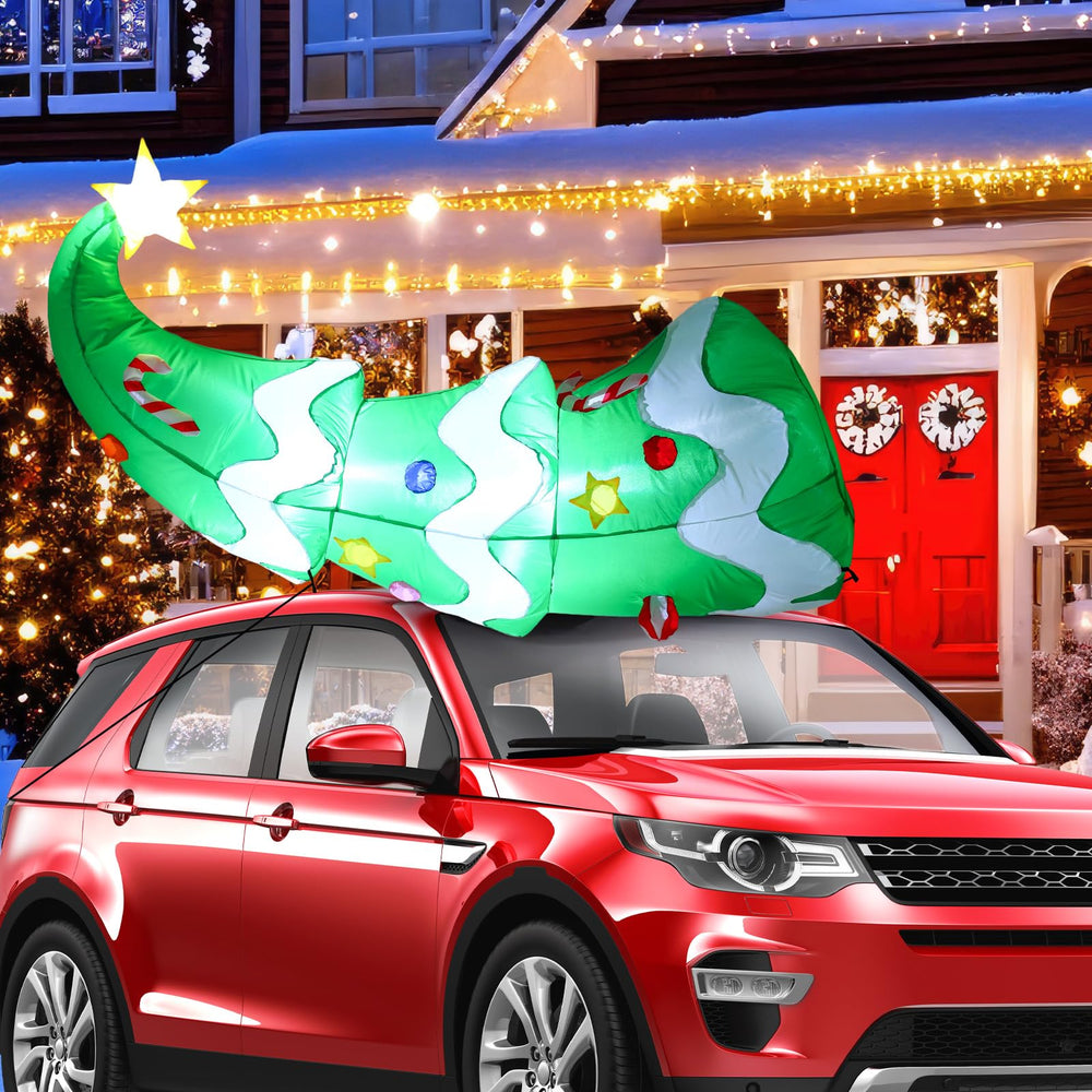 Soulchen front view of tree on car roof showing festive curb appeal