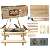 SparkJump bird feeder front view showing picnic table style and easy access benefit