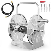 SPECILITE front view of stainless steel hose reel showing durable construction and tidy storage
