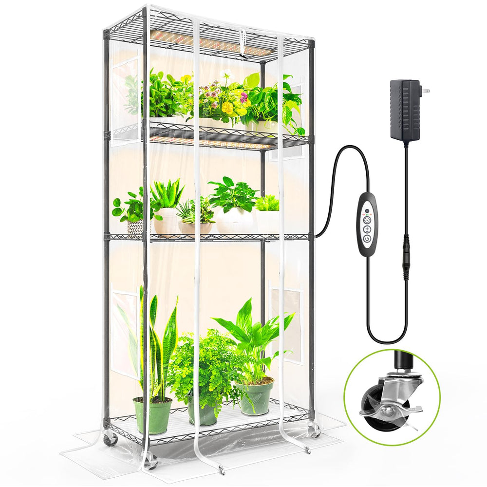 SpeePlant front view of 4-tier greenhouse showing full setup and compact footprint