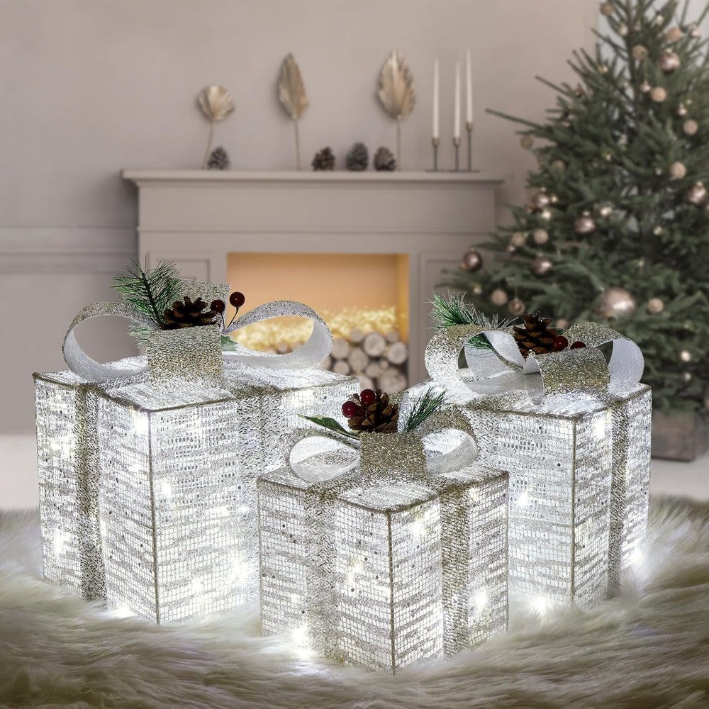 SPRKLINLIN three silver lighted boxes displayed on mantel providing festive glow