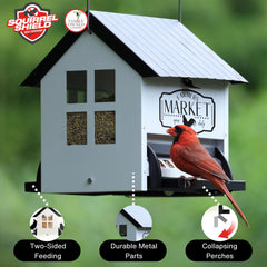 Squirrel Shield roof open for refilling showing easy access and hinged lock benefit