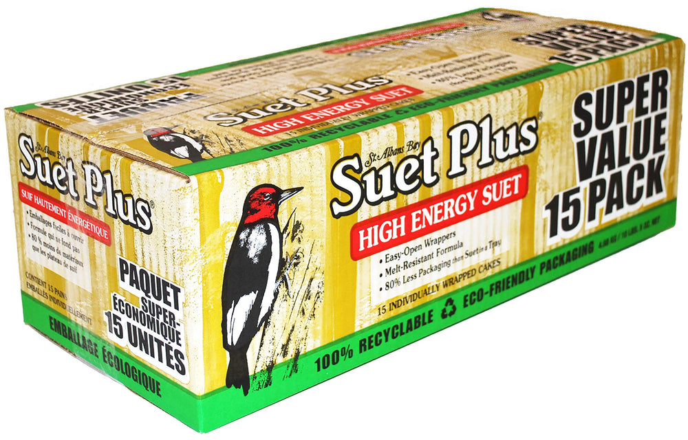 St. Albans Bay Suet Plus front packaging showing 15-pack and benefits