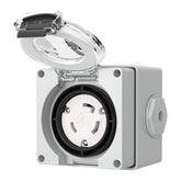 STARELO front view locking plug box showing secure weatherproof housing and benefit rugged protection