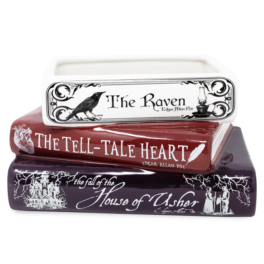 Steel Mill and Co. front view of Poe book planter showing classic cover, decorative appeal