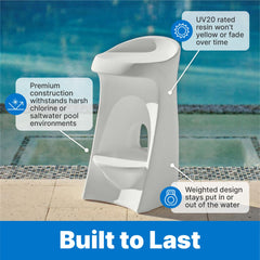 Step2 stool positioned in shallow pool demonstrating water-resistant, anchored seating