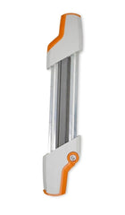 Stihl file holder mounted on chainsaw chain demonstrating accurate guided filing in use