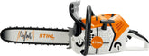 STIHL toy chainsaw front view showing lifelike design and safe plastic body