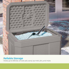 Box holding bag of ice melt illustrating Suncast capacity and heavy-duty support