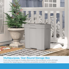 Suncast Commercial box open with tools inside demonstrating easy access benefit