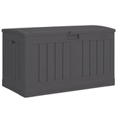 Suncast front view peppercorn deck box showing sleek storage and weather resistance