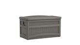 Suncast deck box front view in stoney gray showing clean lines and secure storage