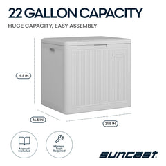 Suncast side profile displaying dimensions and space-saving advantage