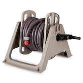 Suncast front view of taupe tote reel showing compact storage and clean yard benefit