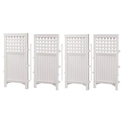 Suncast front view of white four-panel enclosure showing neat concealment benefit