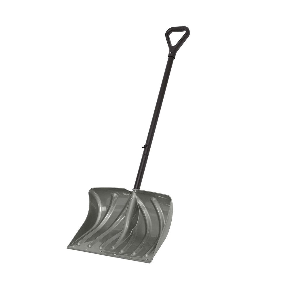 Suncast front view of 20-inch shovel showing wide blade and balance benefit