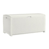 Suncast front view of white deck box showing full storage benefit