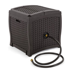 Suncast front view of mocha wicker-style hose reel showing tidy storage benefit