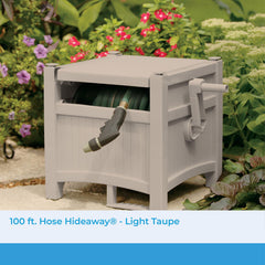Suncast open lid revealing coiled hose and organized storage benefit
