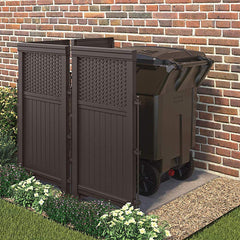 Suncast enclosure in use hiding an air conditioner and improving yard appearance