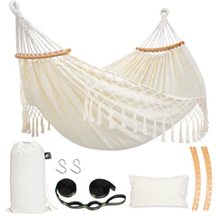 SUNCREAT double hammock front view showing roomy beige bed and tassels for relaxing