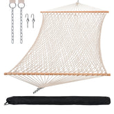 SUNCREAT front view of natural rope hammock showing full bed and spreader bars for comfortable lounging