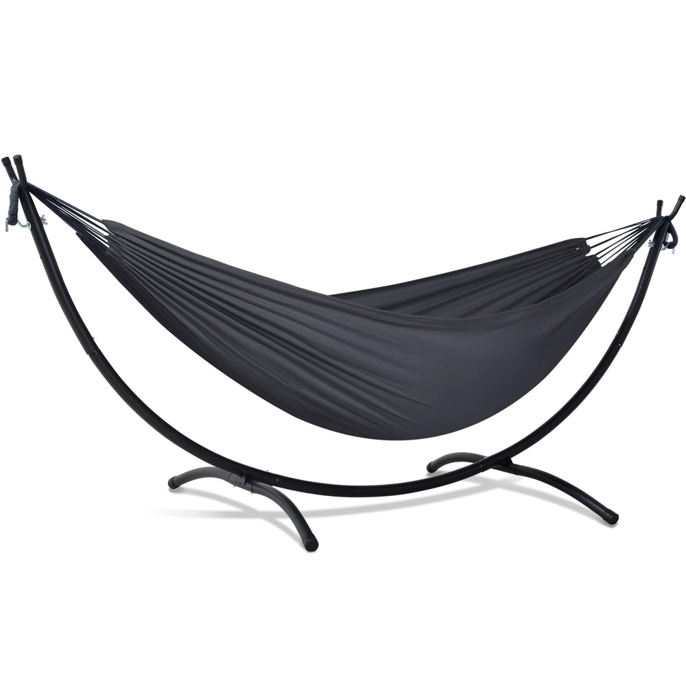 SUNCREAT front view assembled hammock and stand, showing stability and design