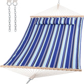 SUNCREAT front view blue-striped hammock shows roomy bed and comfy appeal